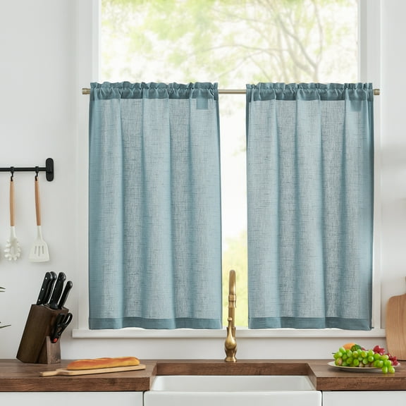 Curtainking 26x24 inch Kitchen Curtains Rod Pocket Semi-Sheer Cafe Curtains, Blue Linen Textured Window Curtains 2 Panels