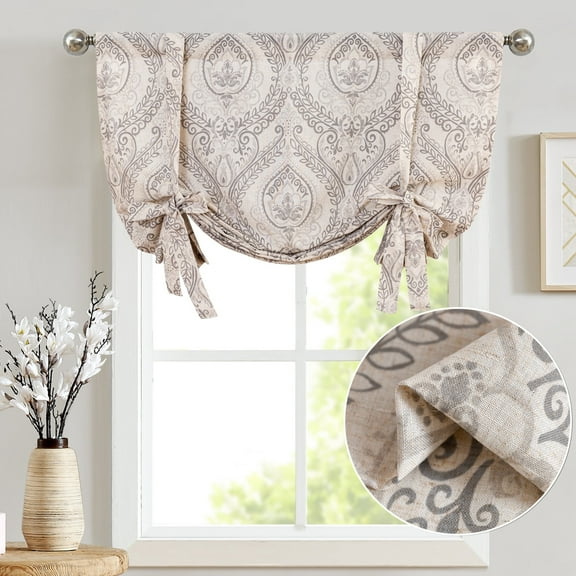 Curtainking 42x45 inch Tie Up Valance Farmhouse Floral Printed Light Filtering Valance for Kitchen 1 Panel Grey on Beige