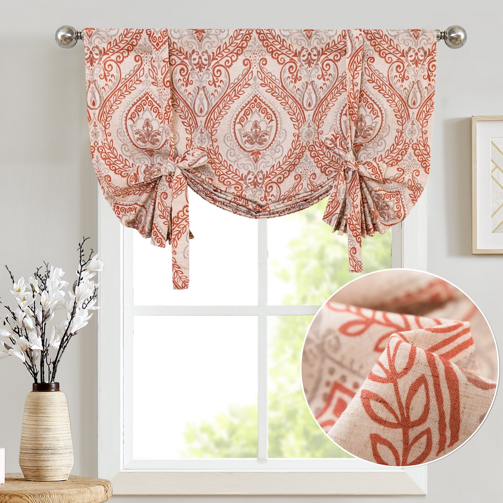 Curtainking 45 Inch Tie Up Valance Damask Linen For Kitchen Farmhouse Rod Pocket Medallion Curtain Living Room 1 Panel Red On Beige Ib Window Treatment Sheerness Com