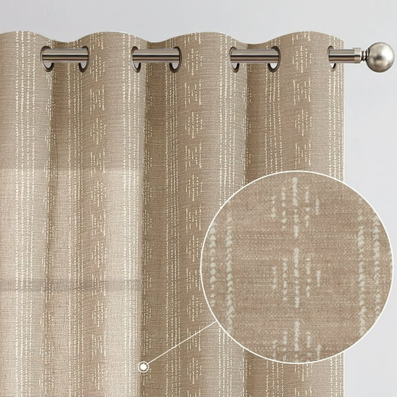 Curtainking Linen Blend Curtains Boho Farmhouse Geometric Striped Grommet Curtains for Living Room 96 Inch Pack of 2 Taupe