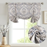 Curtainking 54 inch Tie Up Valance Damask Linen Valance for Kitchen Farmhouse Rod Pocket Medallion Curtain for Living Room 1 Panel Blue on Beige