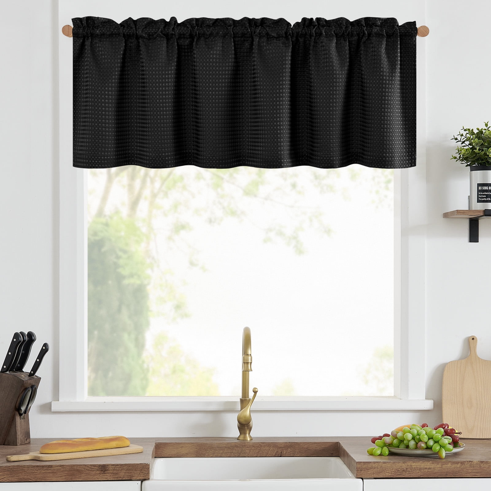 Curtainking Black Valance Kitchen Window Curtain Waffle Weave Textured ...