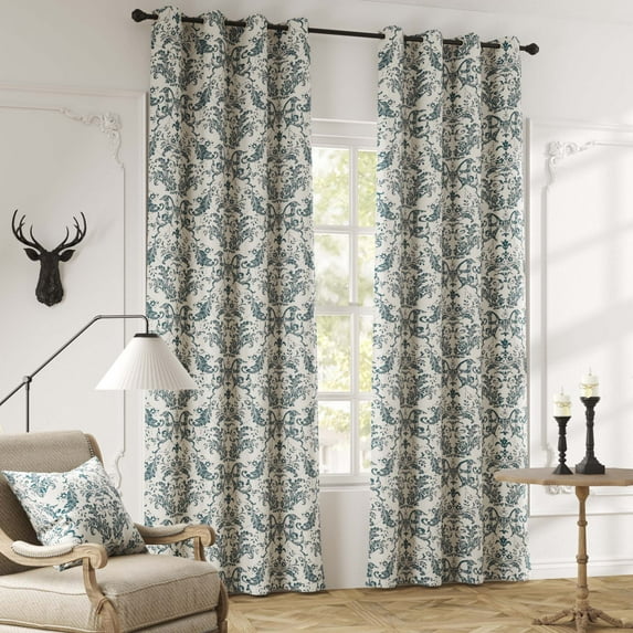 Curtainking Blackout Curtains for Bedroom Thermal Curtains Floral Patterned Living Room Vintage Country Curtain,84 inch 2 Panels,Blue