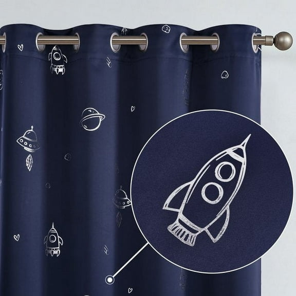 Curtainking Blackout Curtains for Kids Room Space Sliver Foil Print Window Curtains Thermal Insulated Grommet Drapes for Boys 63 inches Navy 2 Panels