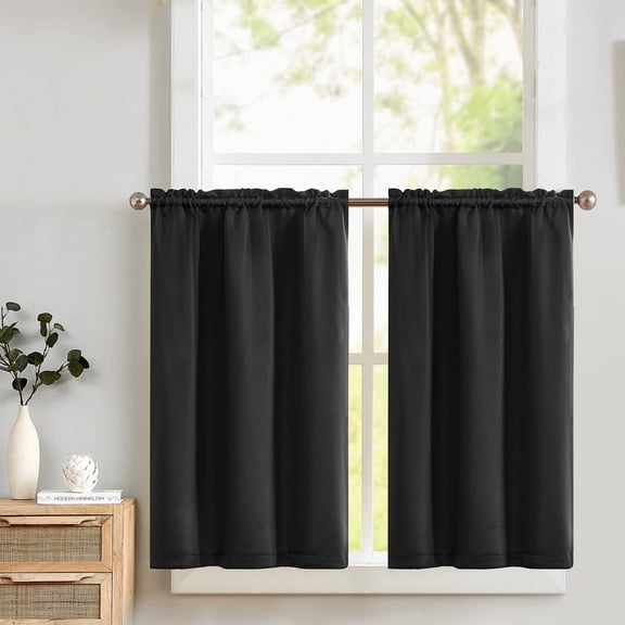 Curtainking Blackout Kitchen Curtains 34x45 inch Solid Curtains Rod Pocket Window Curtains for Bathroom Black 2 Panels