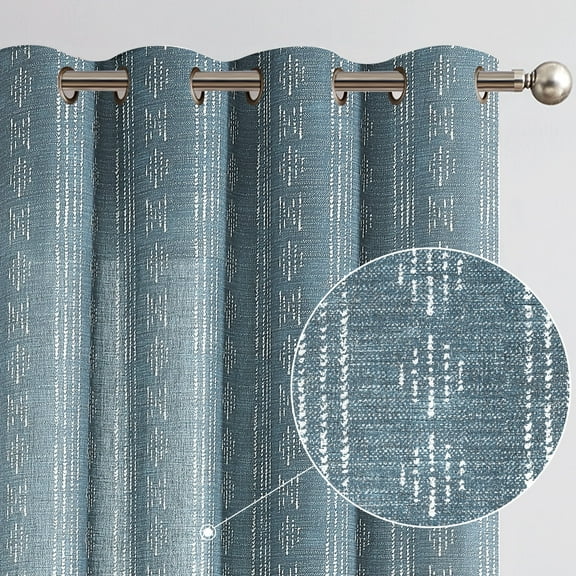 Curtainking Blue Linen Blend Curtains Geometric Striped Light Filtering Farmhouse Grommet Curtains for Living Room 63in Set of 2