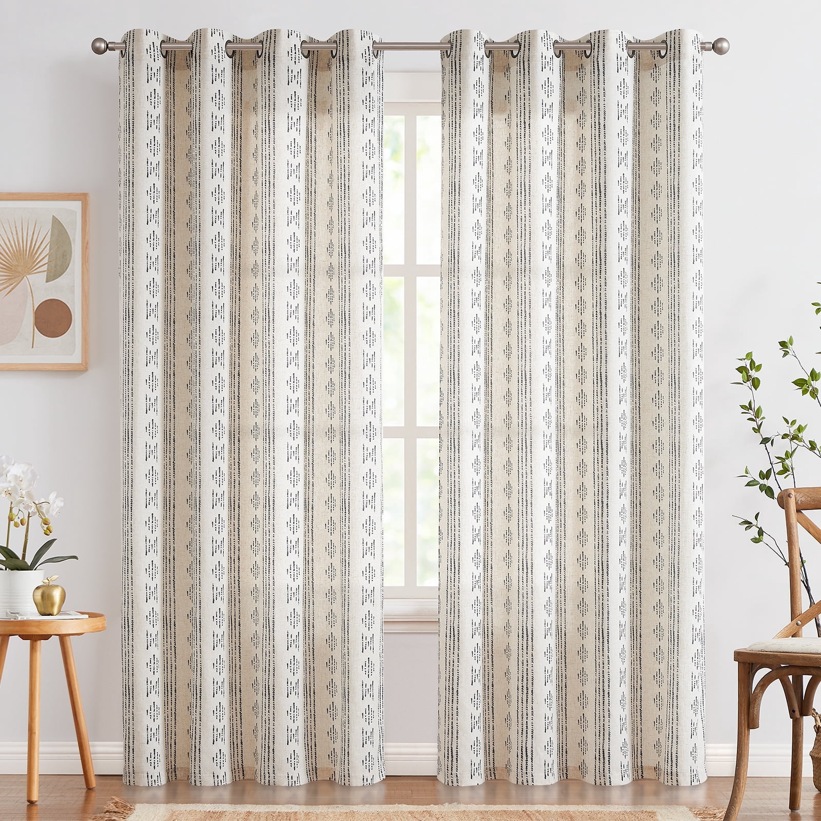 Curtainking Black Geometric Striped Curtains Light Filtering Linen Blend Farmhouse Boho Grommet Curtains for Living Room 52x84 Inch Set of 2