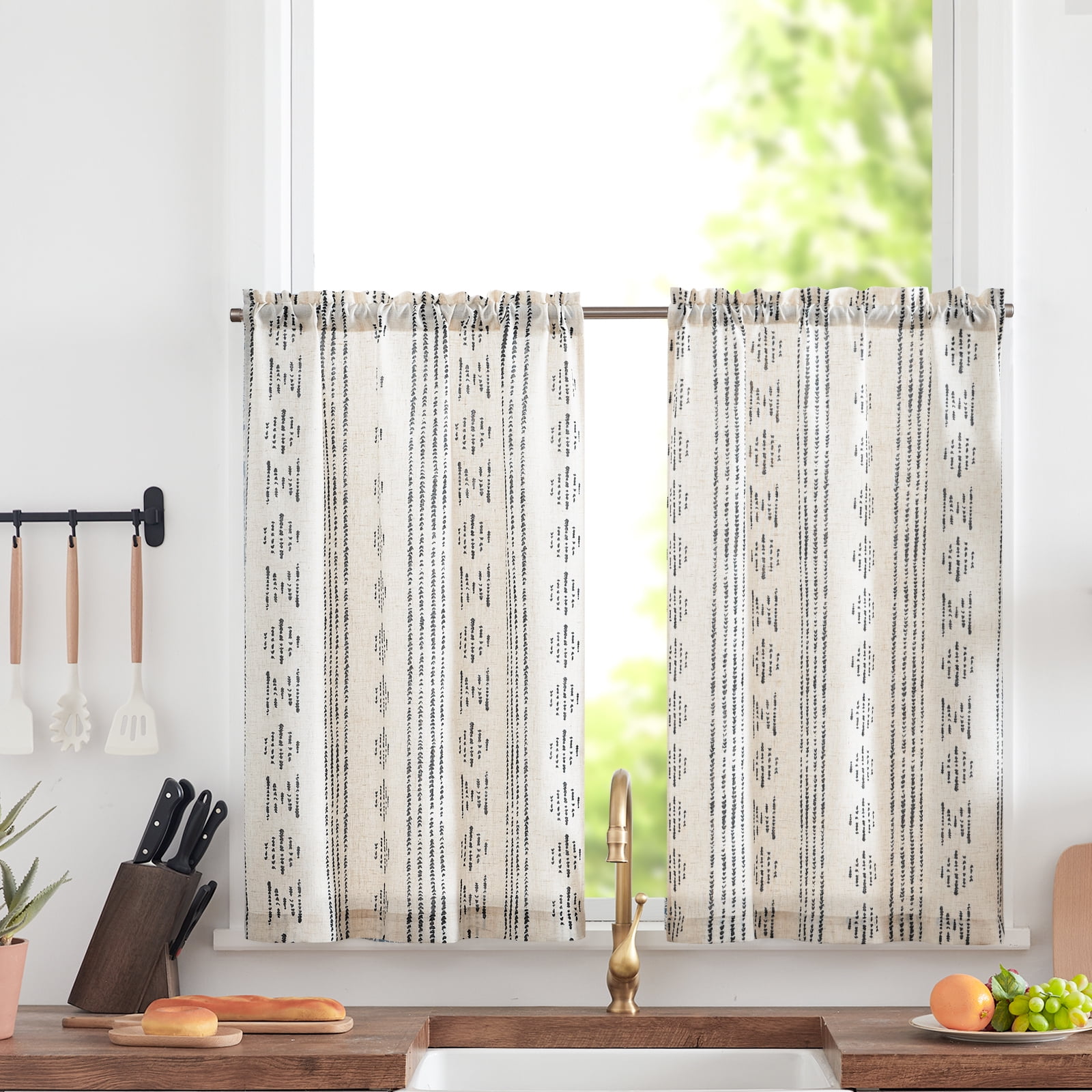 Curtainking Boho Striped Linen Kitchen Curtains, 26x24 inch, Black on