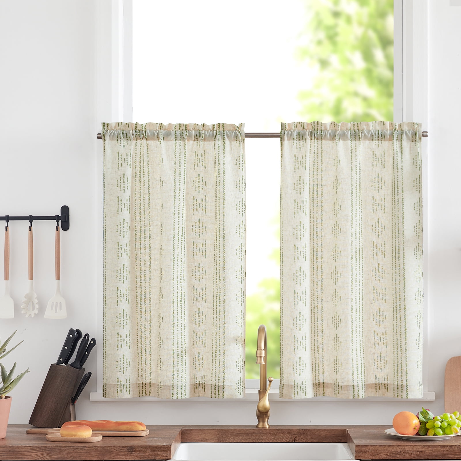 Curtainking Boho Kitchen Curtains 26x36 inch Green Geometric Striped ...