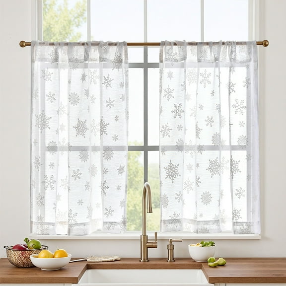 Curtainking Christmas off White Kitchen Curtains 26x24 inch for Kitchen Windows Sheer Cafe Curtains Striped Voile Small Window Curtains in 2 Pcs