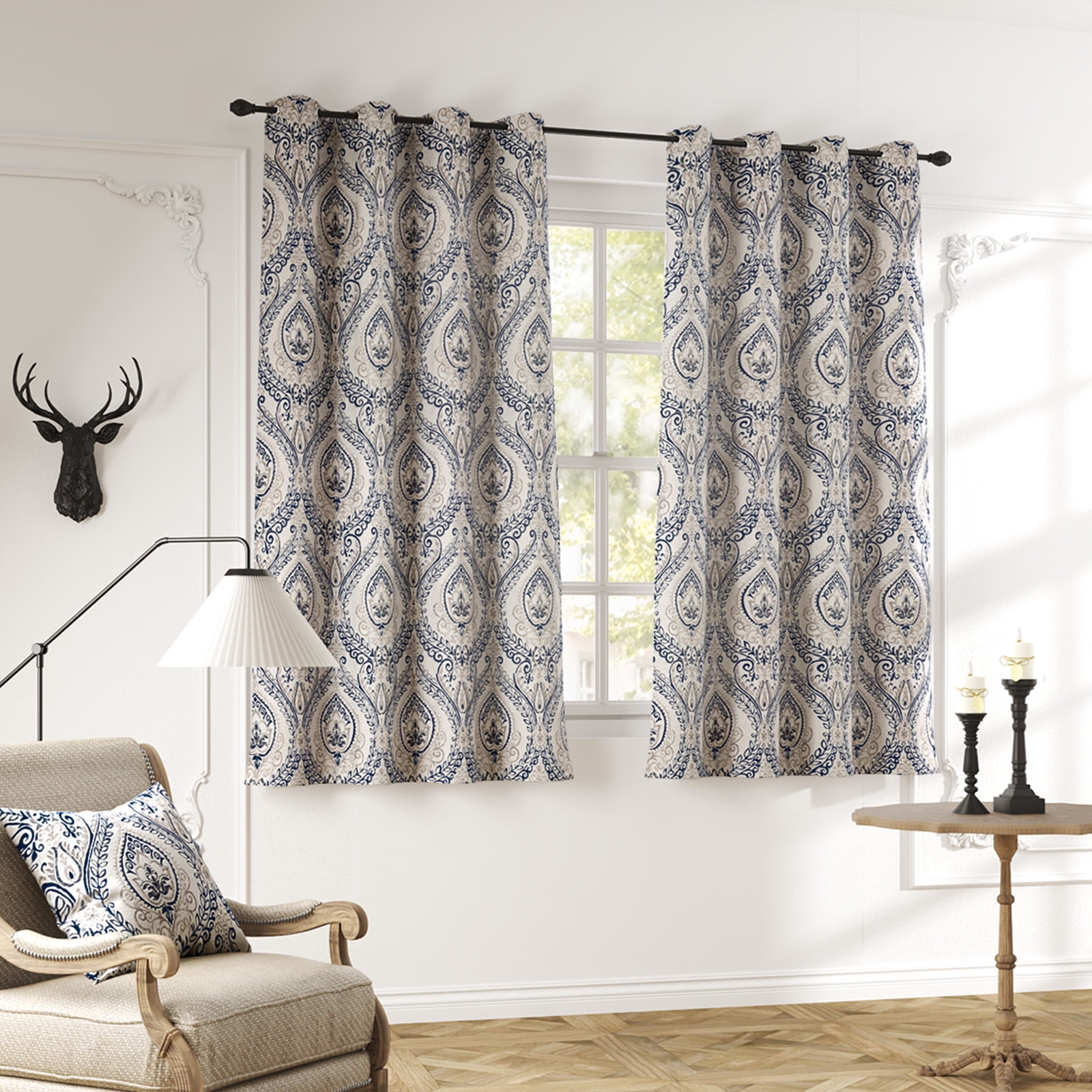 Curtainking Damask Printed Curtains for Bedroom Living Room Linen Textured Thermal Insulated Curtains Grommet 2 Panels 54 inch Length Blue on Greyish Beige