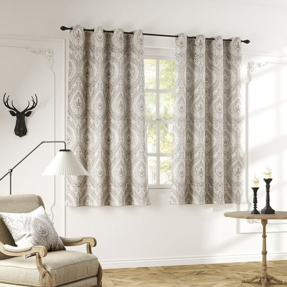 Curtainking Damask Printed Curtains for Bedroom Living Room Linen Textured Thermal Insulated Curtains Grommet 2 Panels 54 inch Length Grey on Greyish Beige