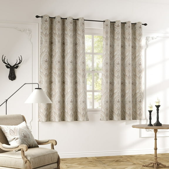 Curtainking Damask Printed Curtains for Bedroom Living Room Vintage Linen Textured Thermal Insulated Curtains Grommet 2 Panels 54 inch Length Taupe on Greyish Beige