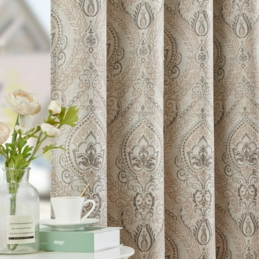 Curtainking Damask Printed Curtains for Bedroom Living Room Vintage Linen Textured Thermal Insulated Curtains Grommet 2 Panels 63 inch Length Taupe on Greyish Beige