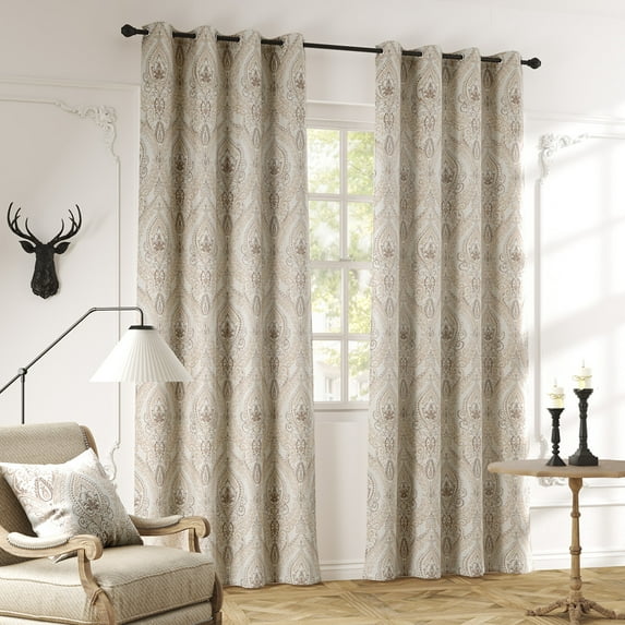 Curtainking Damask Printed Curtains for Bedroom Living Room Vintage Linen Textured Thermal Insulated Curtains Grommet 2 Panels 90 inch Length Taupe