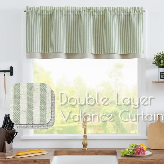 Curtainking Double Layer Rod Pocket Blackout Kitchen Valance 50x16 inch Window Valances for Kitchen 1 Panel Sage on Beige