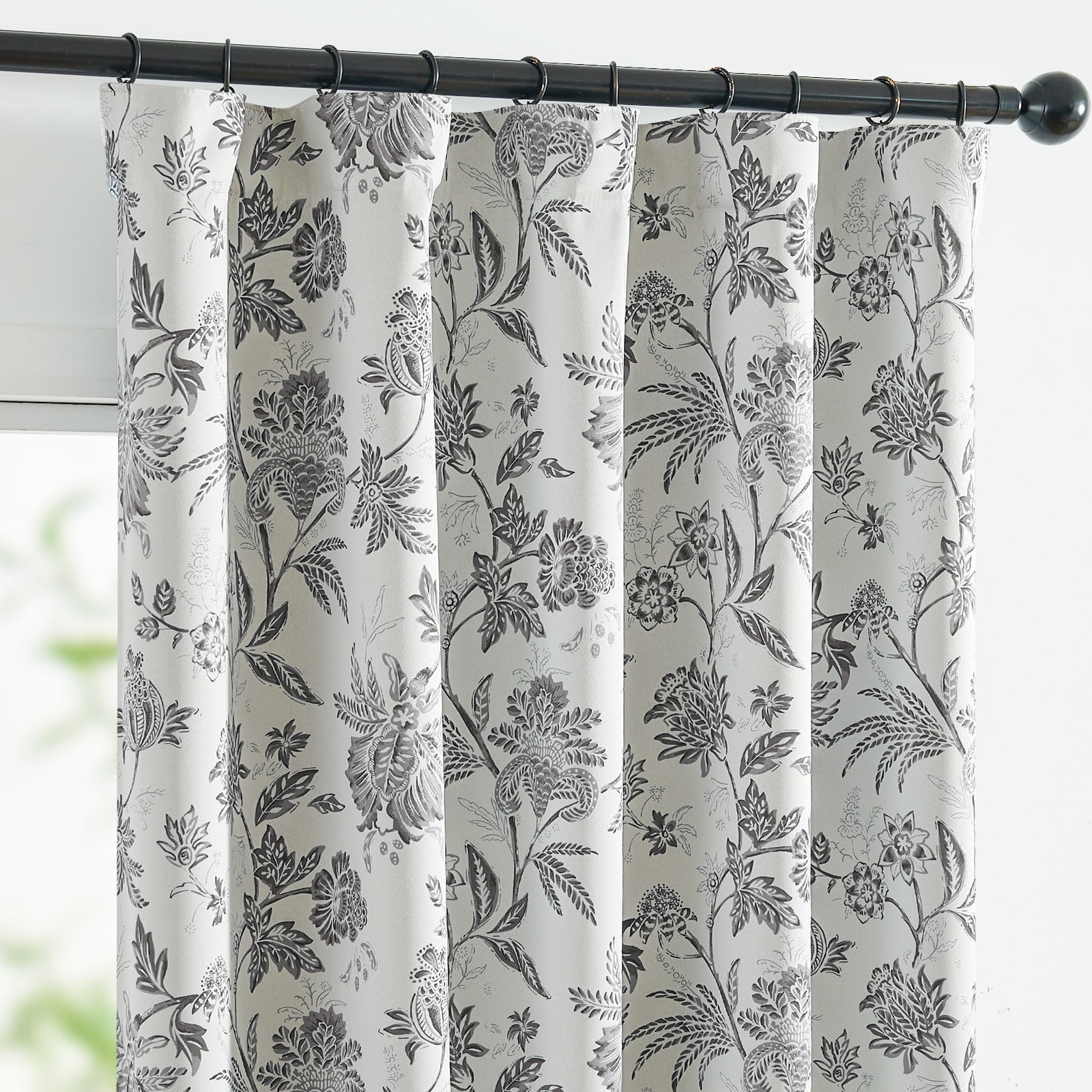 Curtainking Farmhouse Gray Floral Print Rod Pocket Blackout Curtains, 84" (2 Panels)