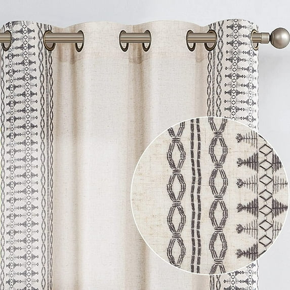 Curtainking Farmhouse Linen Curtains Boho Embroidery Drapes 96 inch Light Filtering Window Curtain for Living Room Bedroom Grommet 2 Panels Grey on Beige