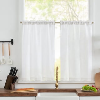 Curtainking Farmhouse Rod Pocket Semi-Sheer Cafe Curtains, White Linen Textured Window Curtains, 26" x 24" (2 Panels)