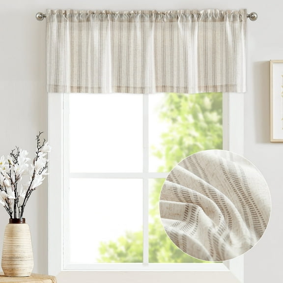 Curtainking Farmhouse Striped Valance Semi-Sheer Flax Linen Light Filtering Small Window Valance 16 inch Rod Pocket 1 Panel Grey on Beige