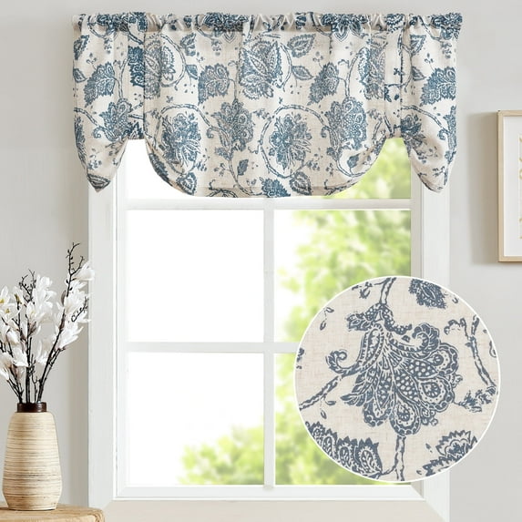 Curtainking Farmhouse Valance 20 inch Blue on Beige Rustic Floral Light Filtering Curtain Semi-Sheer Tie Up Valance for Kitchen Bathroom Rod Pocket 1 Panel
