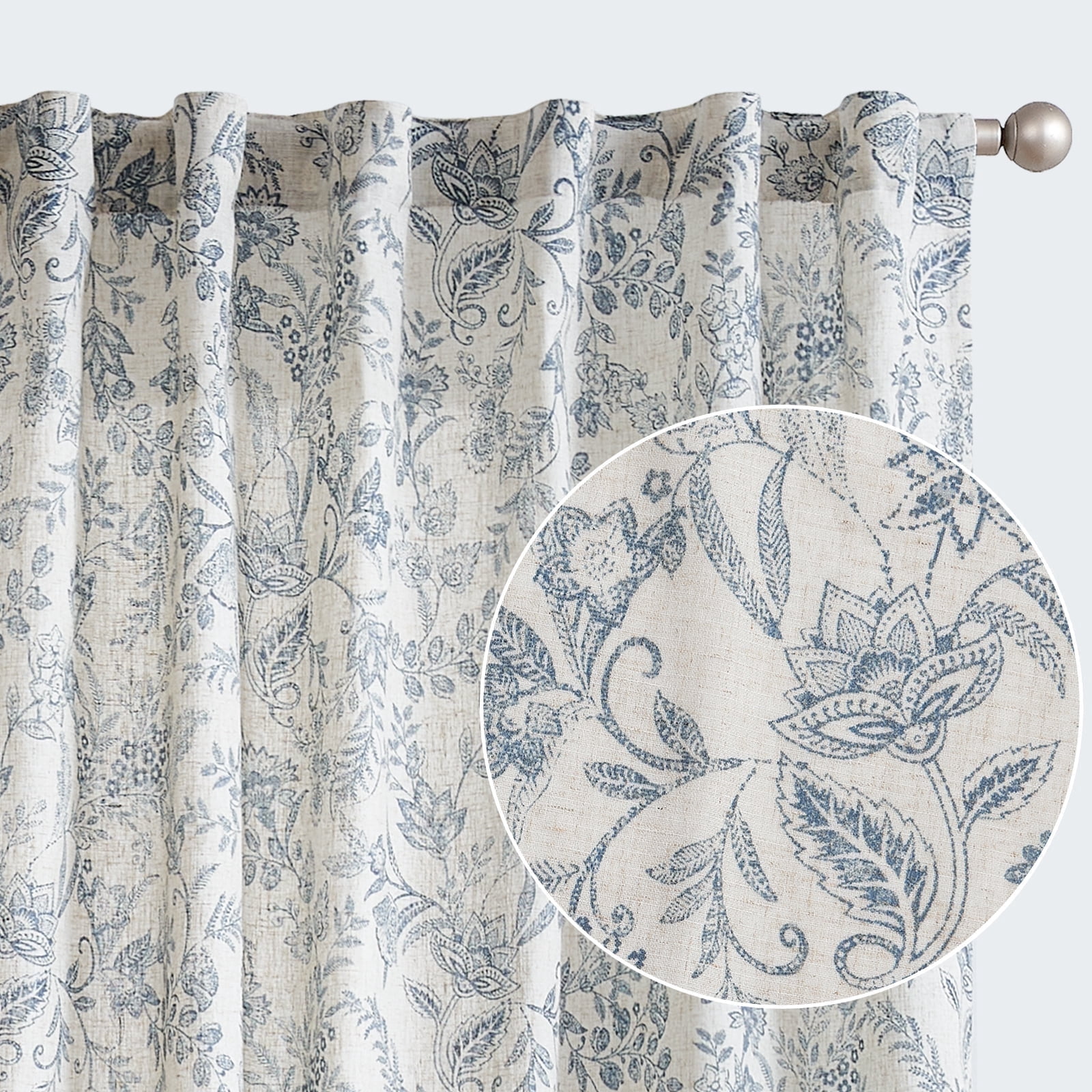 Curtainking Floral Curtains Linen Farmhouse Curtains for Living Room 63 inch Country Curtains Back Tab Semi Sheer Curtains Light Filtering 2 Panels Blue on Beige