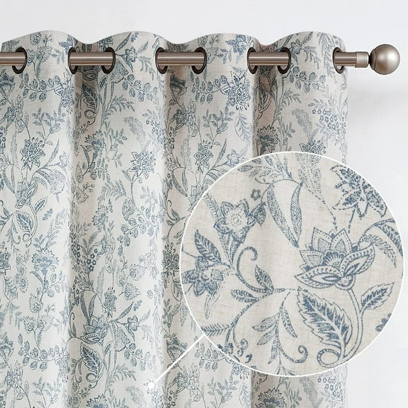 Curtainking Floral Curtains Linen Farmhouse Curtains for Living Room 63 inch Country Curtains Grommet Top Semi Sheer Curtains Light Filtering 2 Panels Blue on Beige
