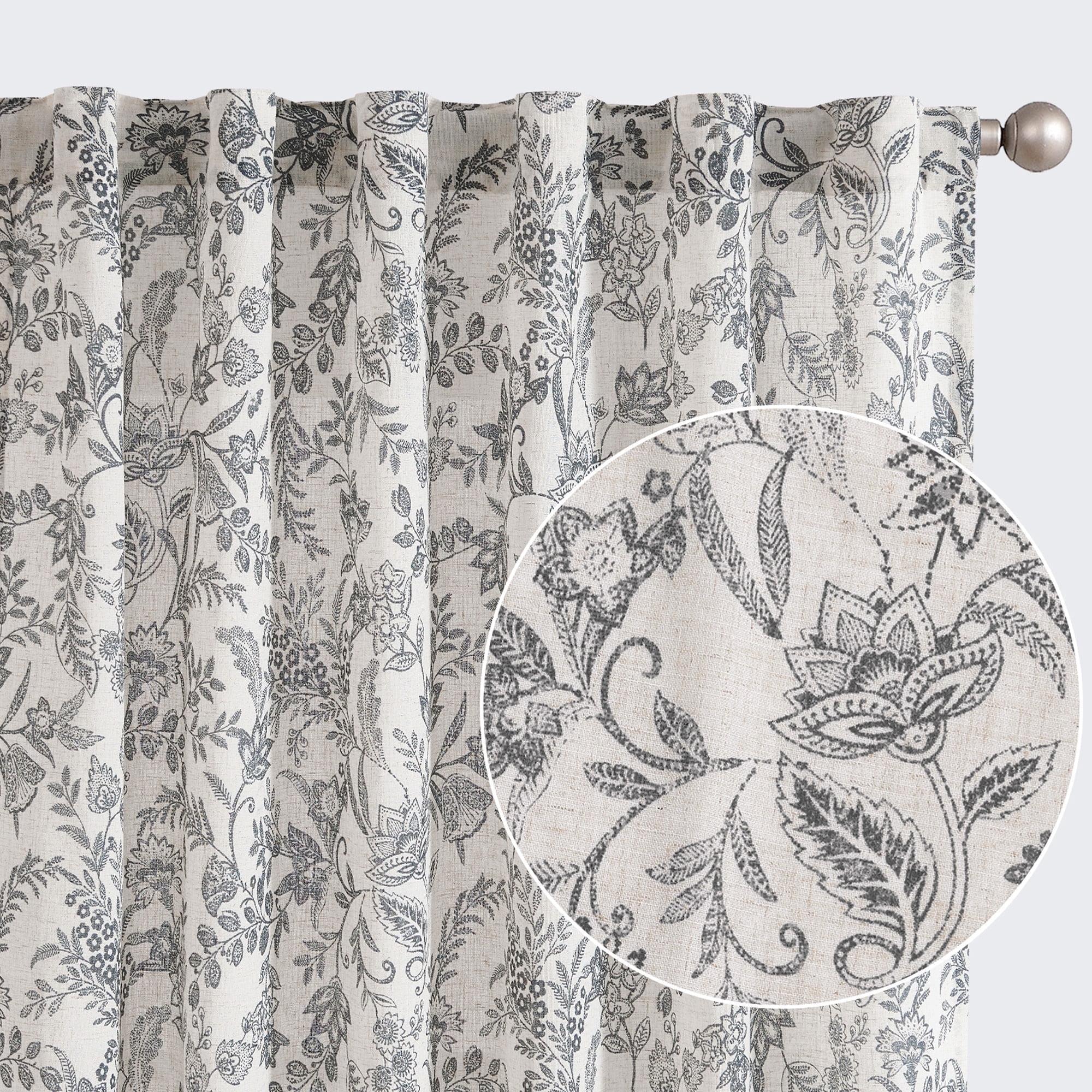 Curtainking Floral Curtains Linen Farmhouse Curtains for Living Room 84 inch Country Curtains Back Tab Semi Sheer Curtains Light Filtering 2 Panels Black on Beige