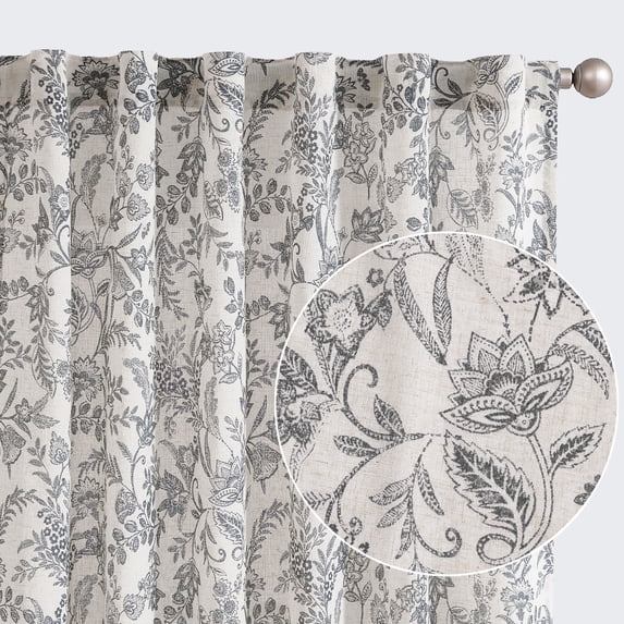 Curtainking Floral Curtains Linen Farmhouse Curtains for Living Room 84 inch Country Curtains Back Tab Semi Sheer Curtains Light Filtering 2 Panels Black on Beige