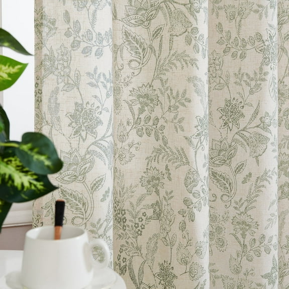 Curtainking Floral Curtains Linen Farmhouse Curtains for Living Room 84 inch Country Curtains Back Tab Semi Sheer Curtains Light Filtering 2 Panels Green on Beige