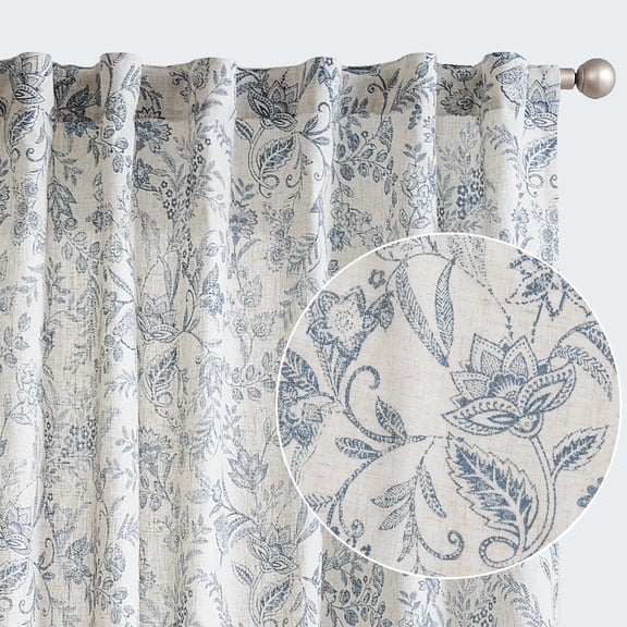 Curtainking Floral Curtains Linen Farmhouse Curtains for Living Room 96 inch Country Curtains Back Tab Semi Sheer Curtains Light Filtering 2 Panels Blue on Beige