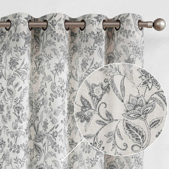 Curtainking Floral Curtains Linen Farmhouse Curtains for Living Room 96 inch Country Curtains Grommet Top Semi Sheer Curtains Light Filtering 2 Panels Black on Beige