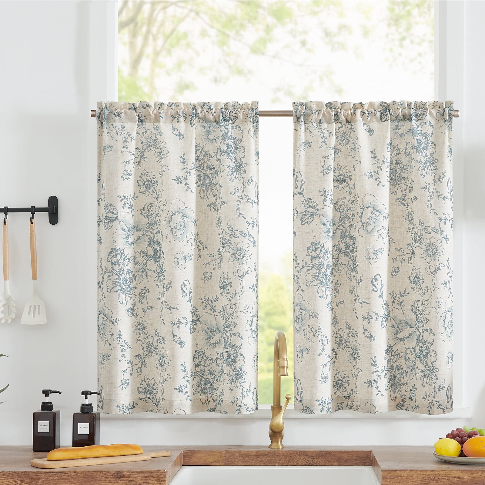 Curtainking Floral Kitchen Curtains Linen Cafe Curtains Rod Pocket Blue Curtains 26x45 inch Curtains for Living Room 2 Panels