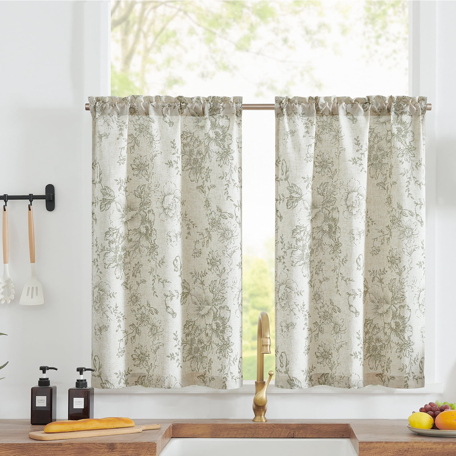 Curtainking Floral Kitchen Curtains Linen Cafe Curtains Sage Flower 26x45 inch Length Curtains for Living Room 2 Panels