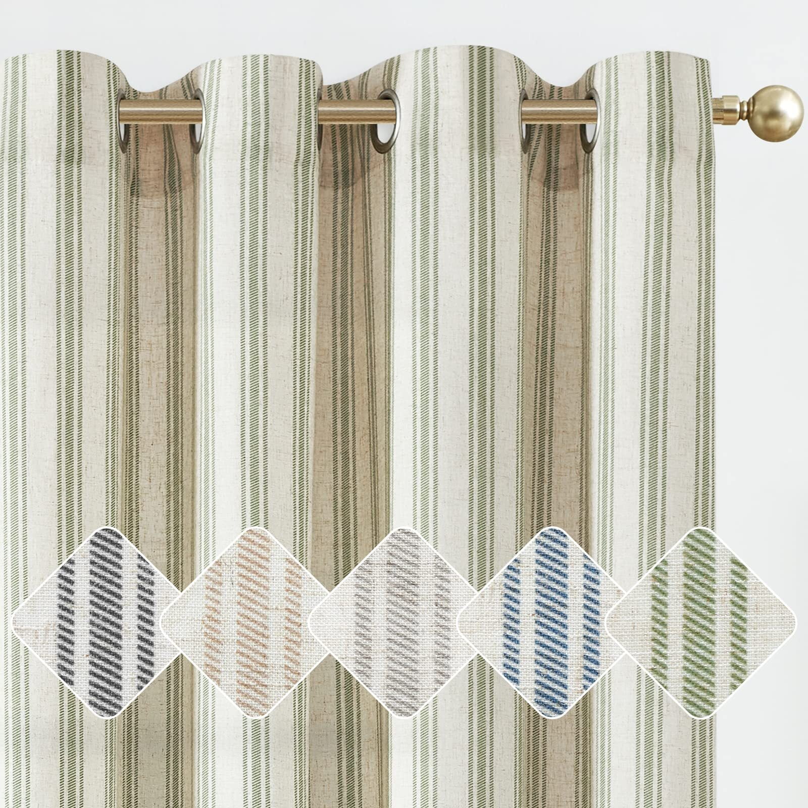 "Curtainking Green Striped Linen Curtains, Rustic Pinstripe, Grommet 2