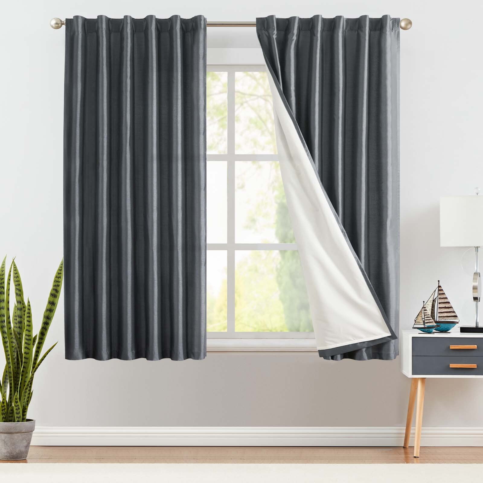 Curtainking Grey Living Room Curtains Faux Silk 63 Inch Dupioni