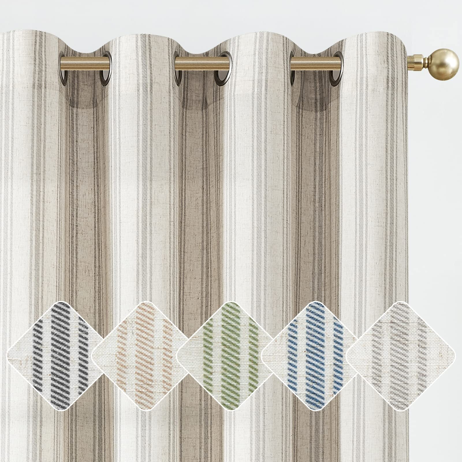 "Curtainking Grey Striped Linen Curtains, Rustic Pinstripe, Grommet 2 Panels 50"" x 63