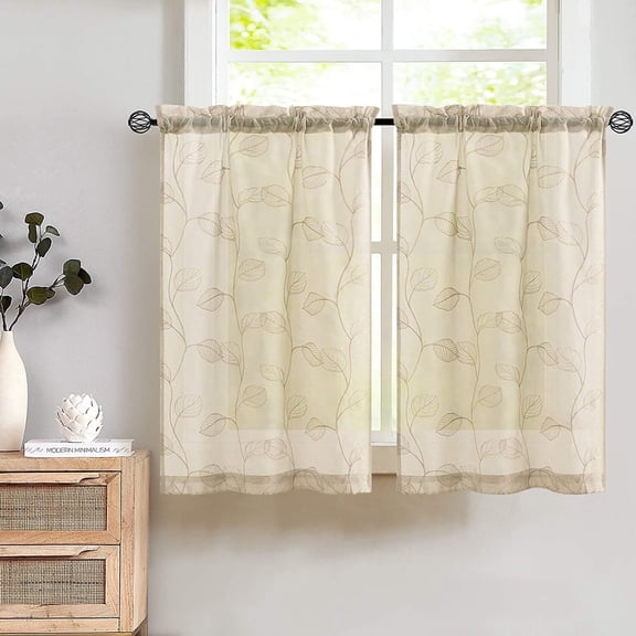 Curtainking Kitchen 26x36 inch Leaf Embroidered Sheer Curtains Farmhouse Small Window Curtains Cafe Curtains Beige, 2 Panels