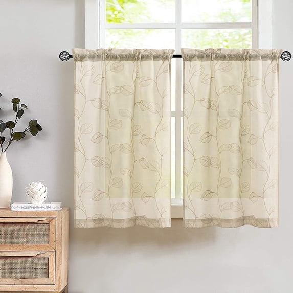 Curtainking Kitchen 26x36 inch Leaf Embroidered Sheer Curtains Farmhouse Small Window Curtains Cafe Curtains Beige, 2 Panels