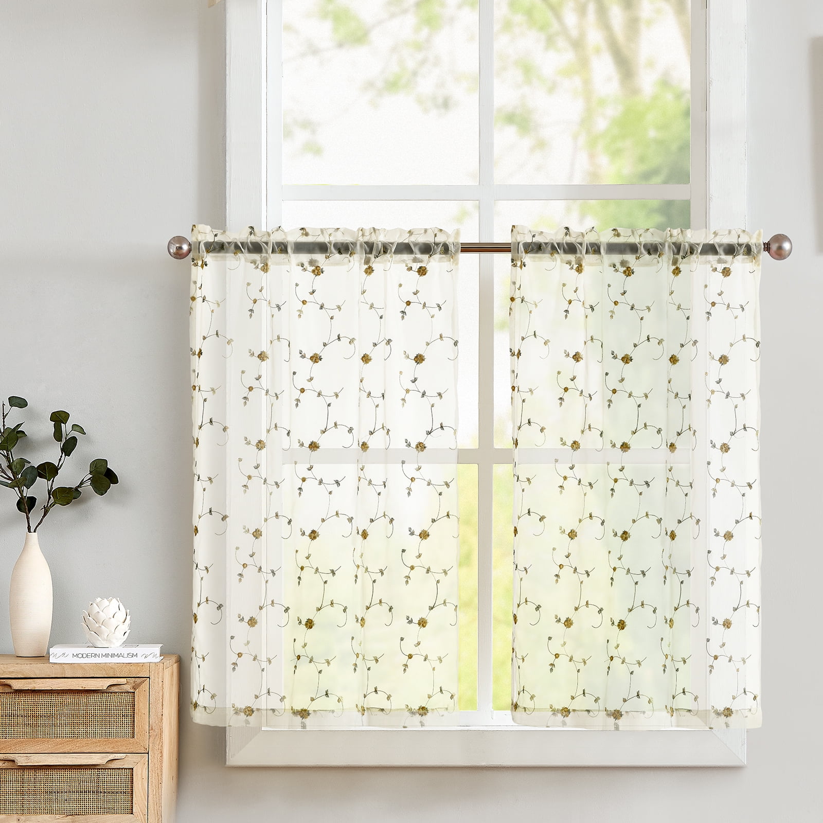 Curtainking Kitchen Curtains 24 Inch Floral Embroidered Sheer Tier