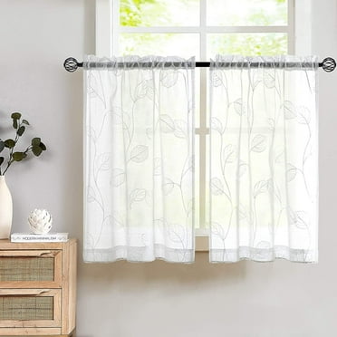 Curtainking Kitchen Curtains 26x24 inch Leaf Embroidered Kitchen Windows Small Sheer Cafe Curtains Rod Pocket 2 Panels White