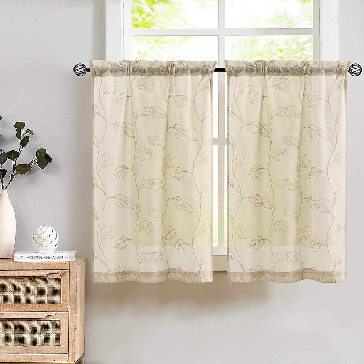 Curtainking Farmhouse 2 Piece Leaf Embroidery Light Filtering Curtain