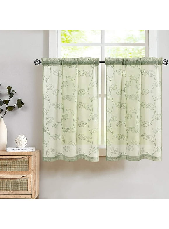 Curtainking Kitchen Curtains 26x36 inch Leaf Embroidered Sheer Curtains Farmhouse Small Cafe Curtains Rod Pocket 2 Panels Sage