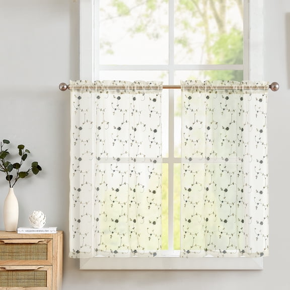 Curtainking Kitchen Curtains 36 Inch Floral Embroidered Sheer Tier Curtains Vintage Cafe Curtain 2 Panels Rod Pocket Blue Rose on Beige Voile Window Treatment