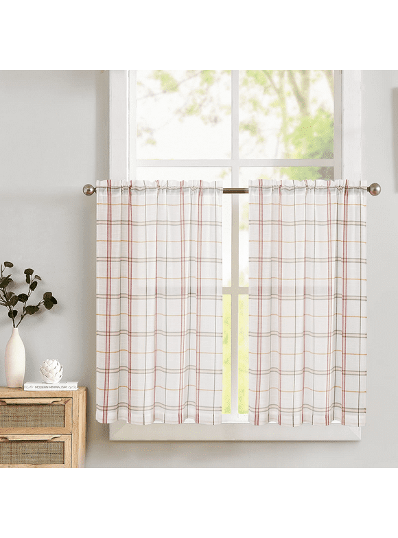 Curtainking Kitchen Curtains 36 Inch Red Buffalo Checkered Linen Textured Sheer Gingham Cafe Curtains for Small Window Rod Pocket 2 Panels