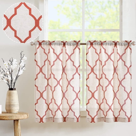 Curtainking Kitchen Curtains Farmhouse Moroccan Tile Print Cafe Curtains 26x24 inch for Kitchen 2 Panels Red on Flax