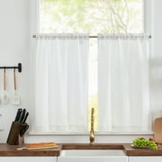 Curtainking Kitchen Curtains Small Window Curtains Semi Sheer Cafe Curtains, 26x36 inch White Linen Textured Kitchen Curtains, Set of 2 Panels