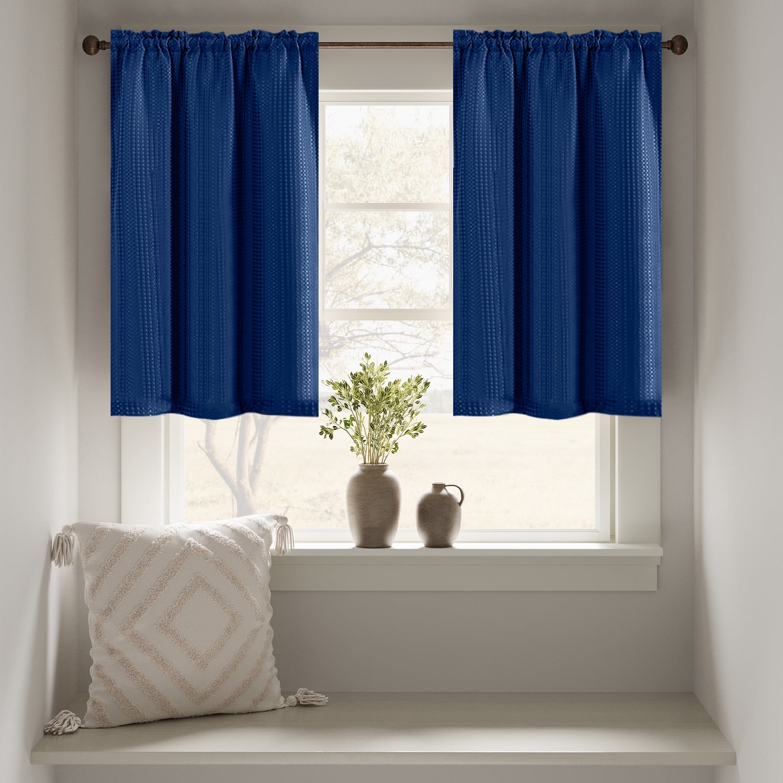 Curtainking Waffle Textured Navy Blue Kitchen Curtains, 36x36 inch, 2