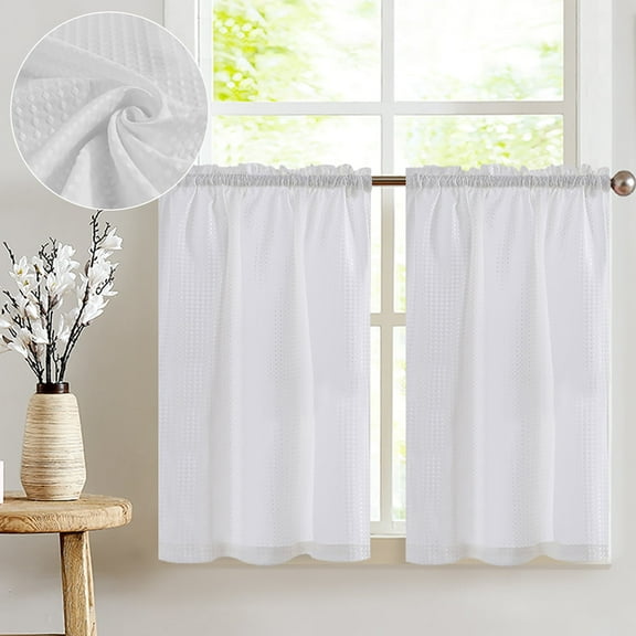 Curtainking Kitchen Curtains Waffle Textured White Tier Curtains 45 inch for Bathroom 2 Panels Rod Pocket Farmhouse Short Window Curtains