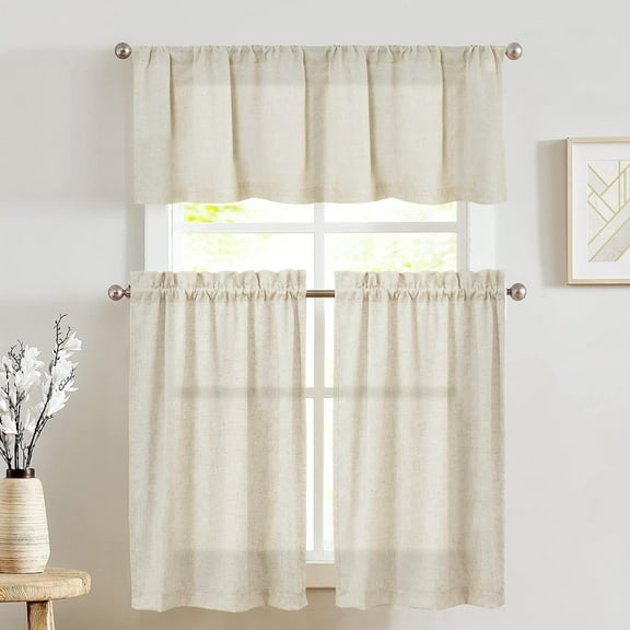 Curtainking Kitchen Curtains and Valance Sets Tier Curtains Farmhouse Beige Linen Semi Sheer Cafe Curtains 3-Piece Rod Pocket 52" x 24"